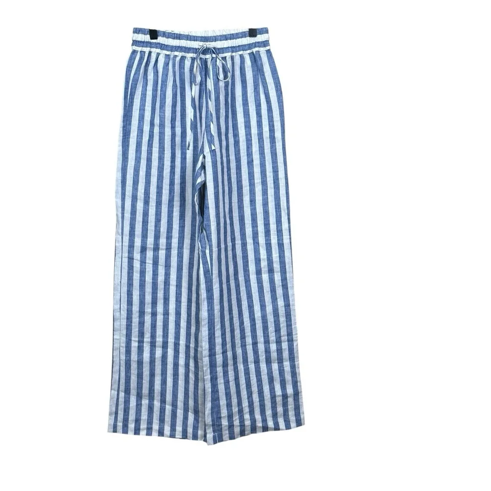 Reformation Blue White Stripe 100% Linen Wide Leg Drawstring Pants Womens XS